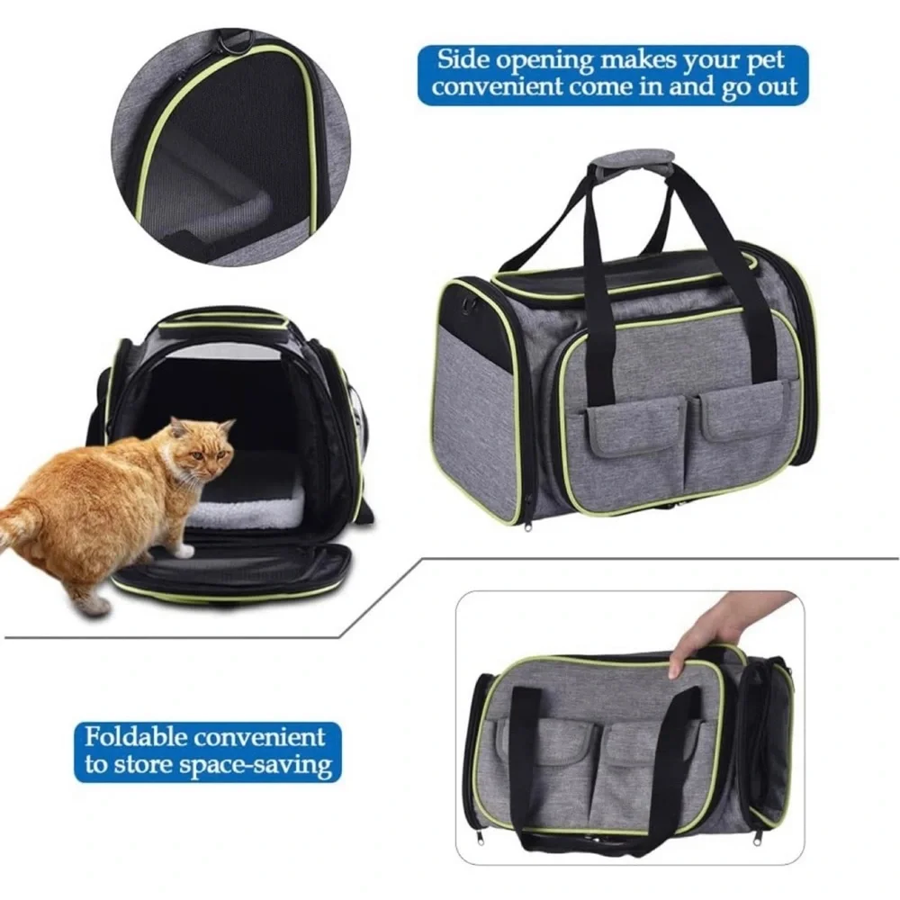 Travel Pet Carrier Soft Sides Foldable W/ Fleece Mat Airline Approve Expandable